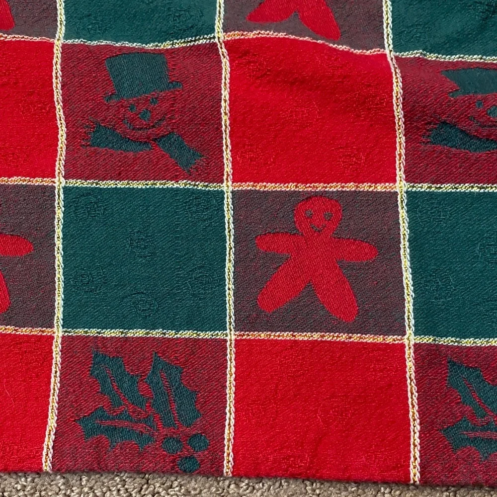 Festive Red and Green Holiday Blanket with Gold & White Trim Snowmen Festive Che